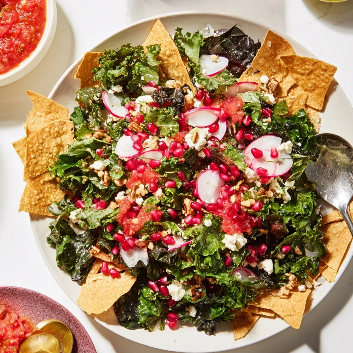 A vibrant Winter Salad with snowflake tortilla chips, offering a beautiful mix of textures.