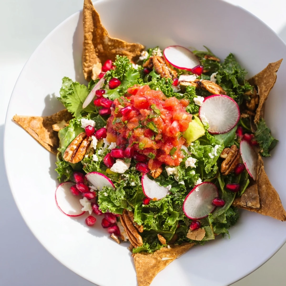 Enjoy a festive Winter Salad, complete with crunchy snowflake chips and a refreshing, tangy salsa.