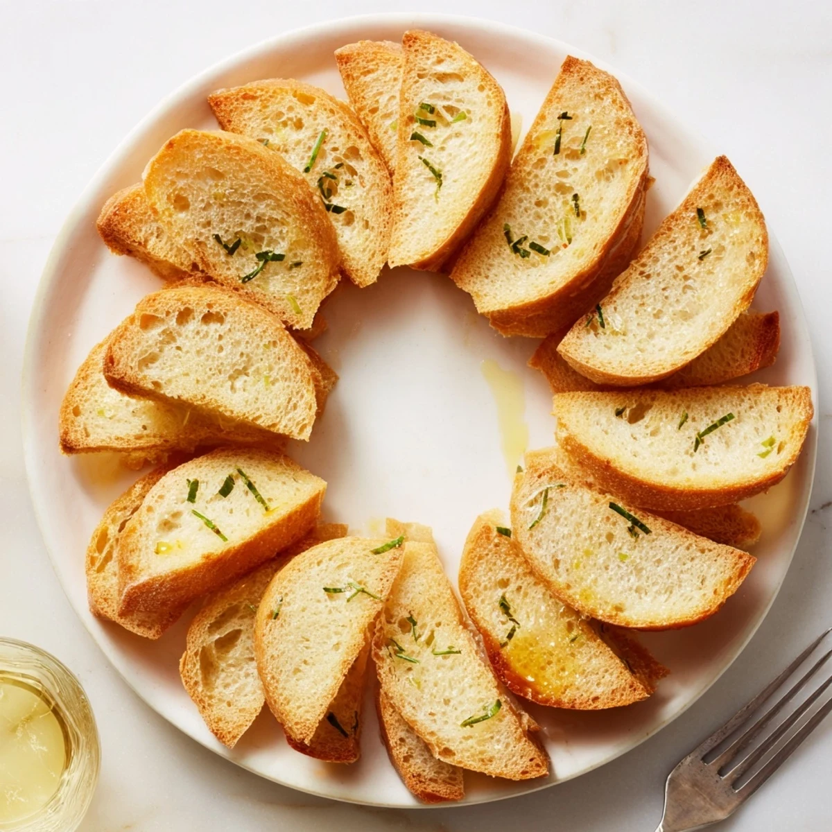 Freshly baked baguette slices, perfect for dipping, create a delicious, inviting appetizer circle.
