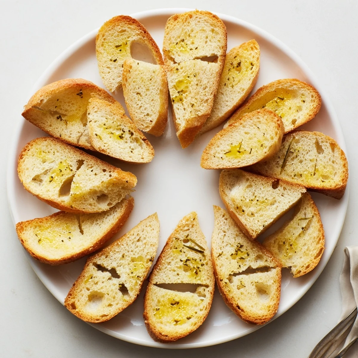 Round, golden baguette slices baked to a perfect crisp, are arranged for a simple, flavorful appetizer.