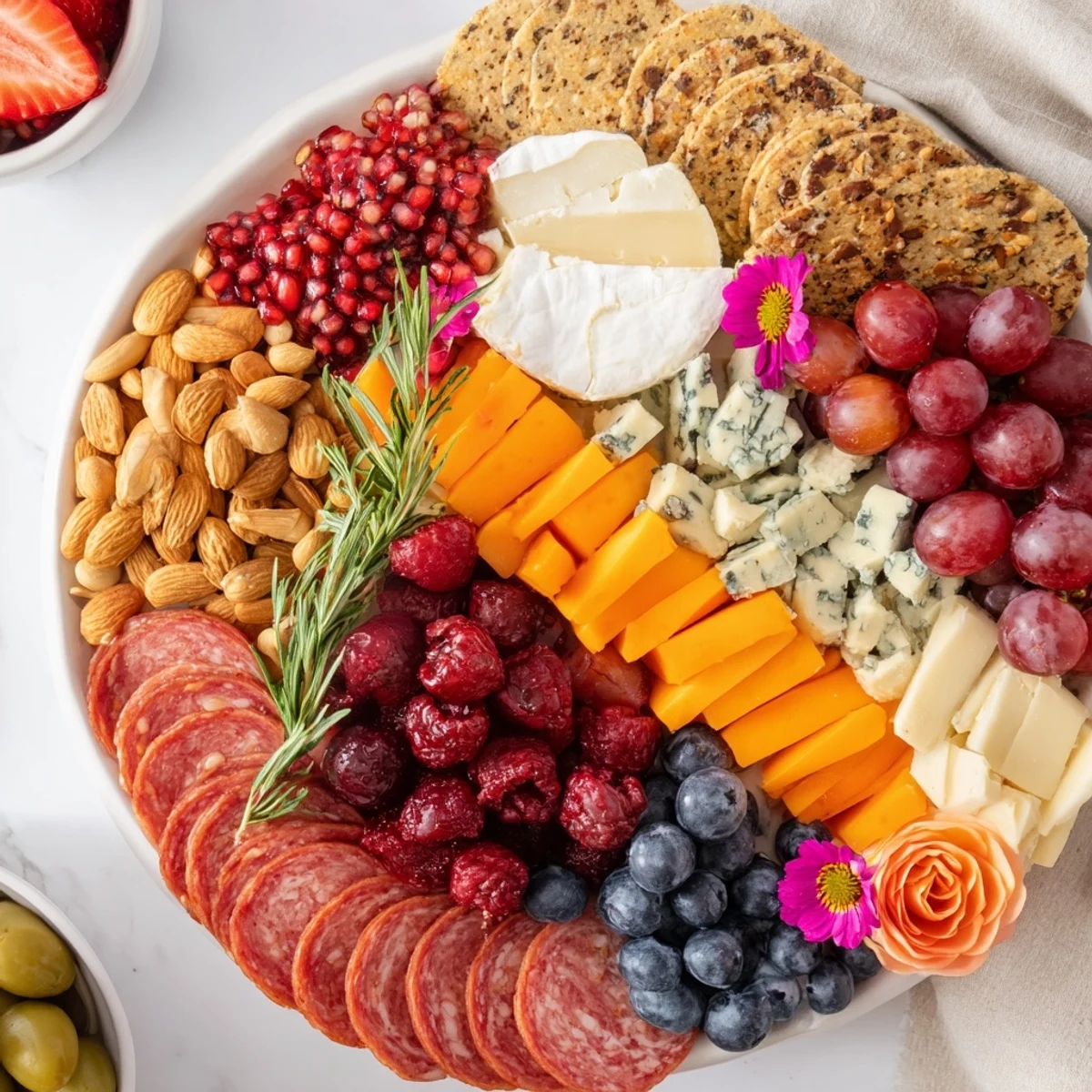 A visually stunning The Nutcracker Suite Board with colorful blocks of cheese, meats, and festive garnishes.