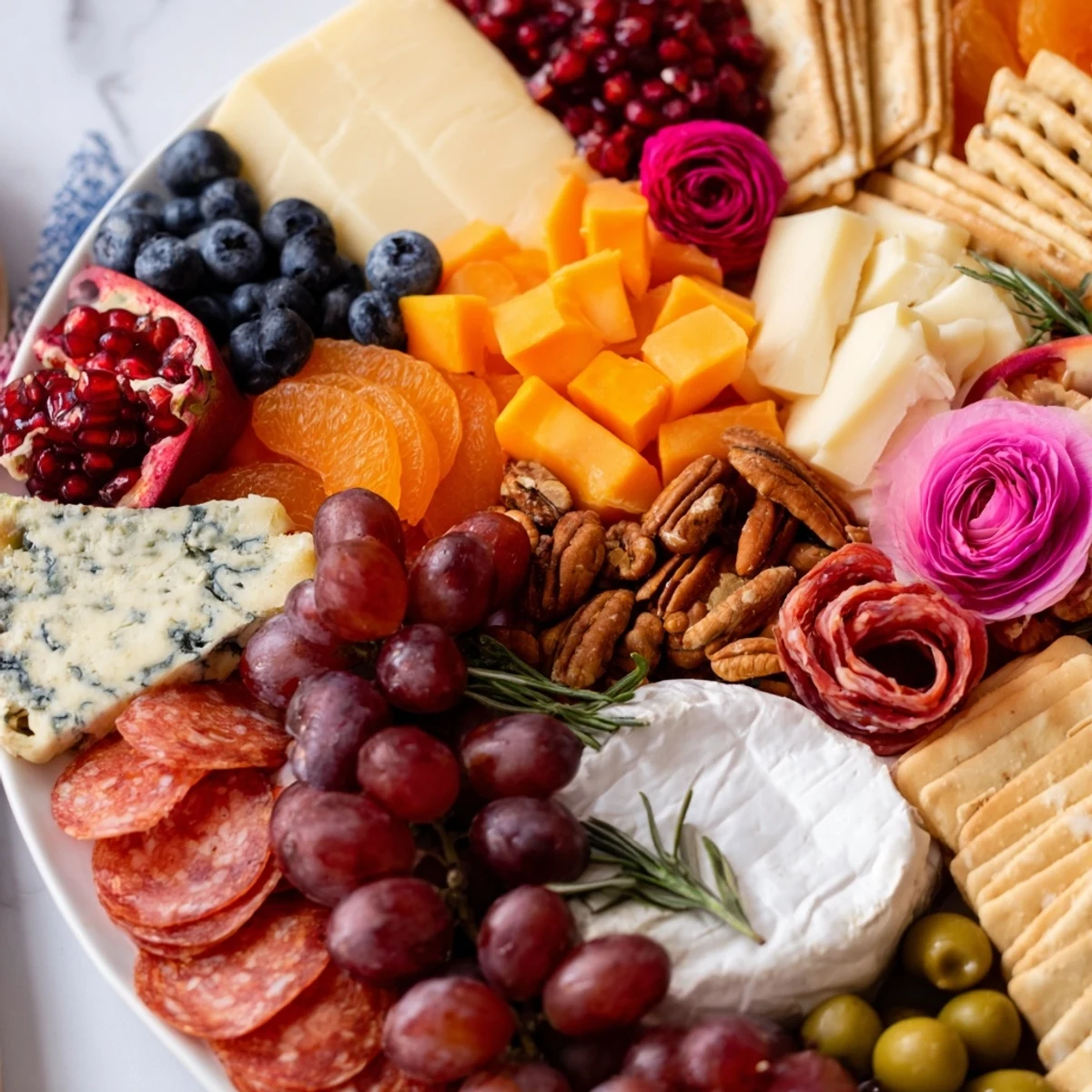 This overflowing The Nutcracker Suite Board presents an abundant spread of cheeses, fruits, and sweets, visually delightful.
