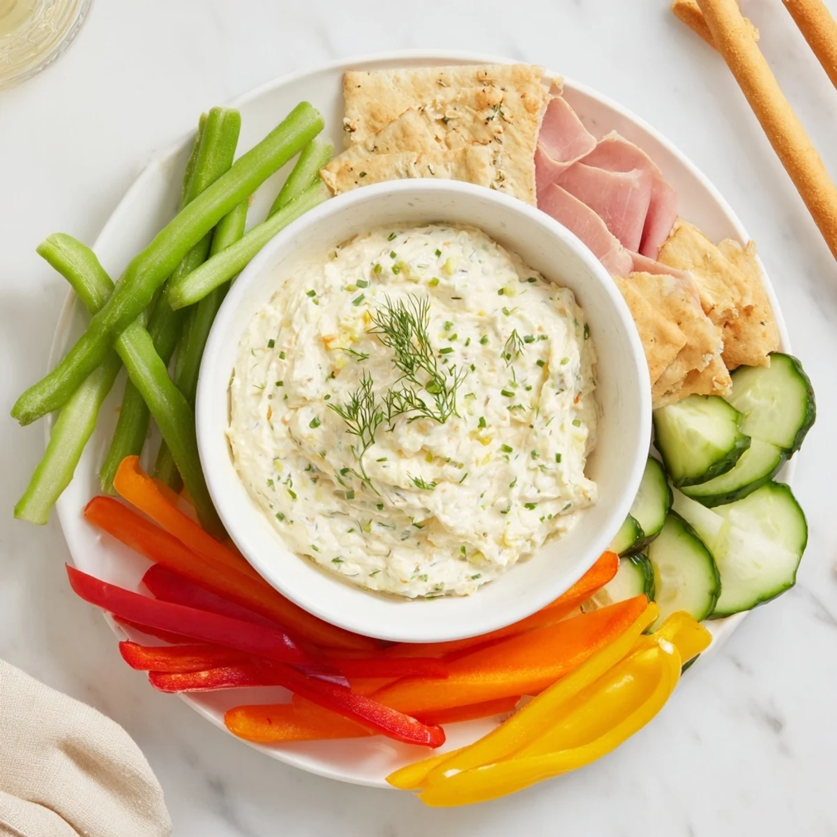 Festive Reindeer Antler Spread appetizer, creamy dip surrounded by vibrant vegetable antlers and crackers.