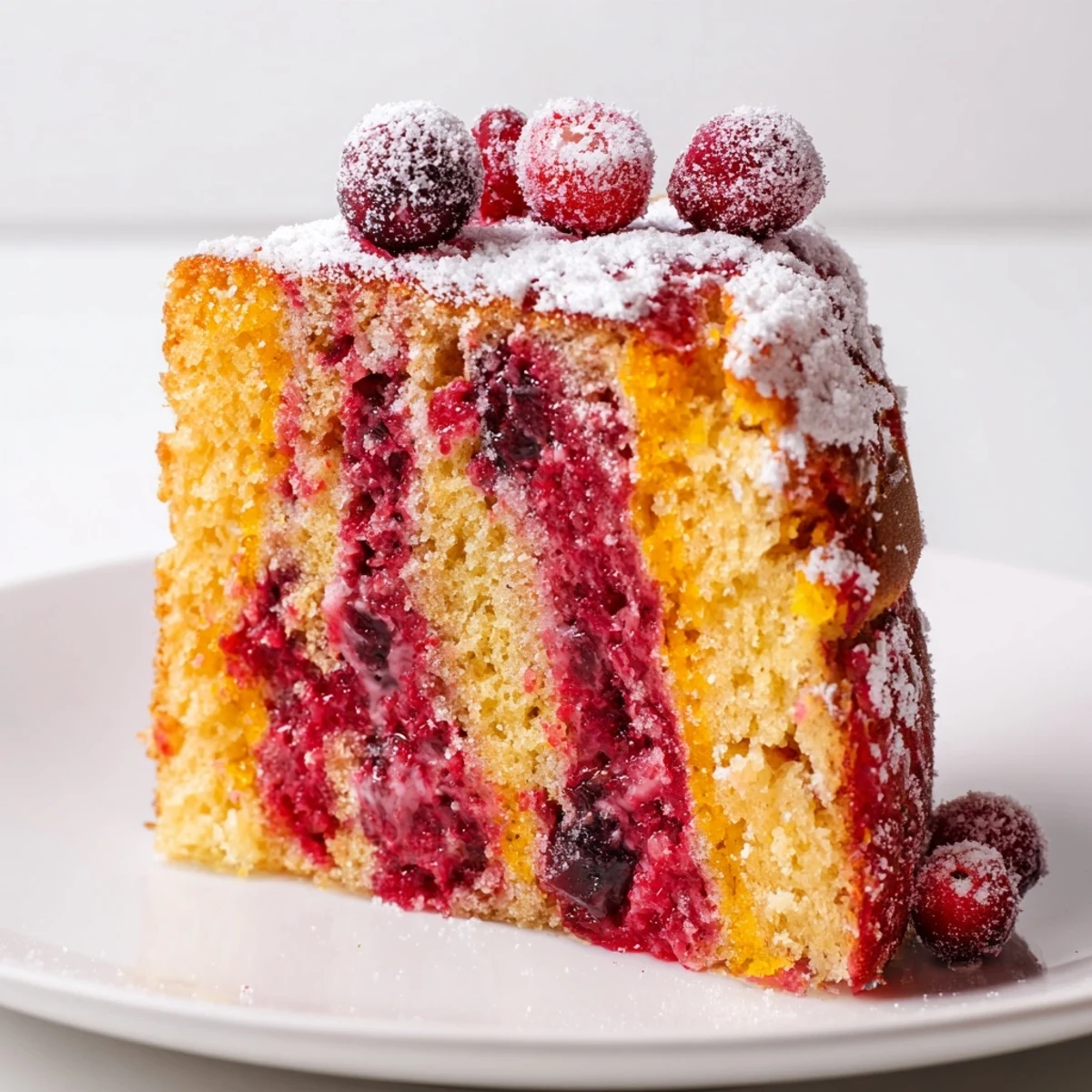 A slice of Cranberry Orange Swirl cake, swirled and baked to golden perfection, ready to serve.