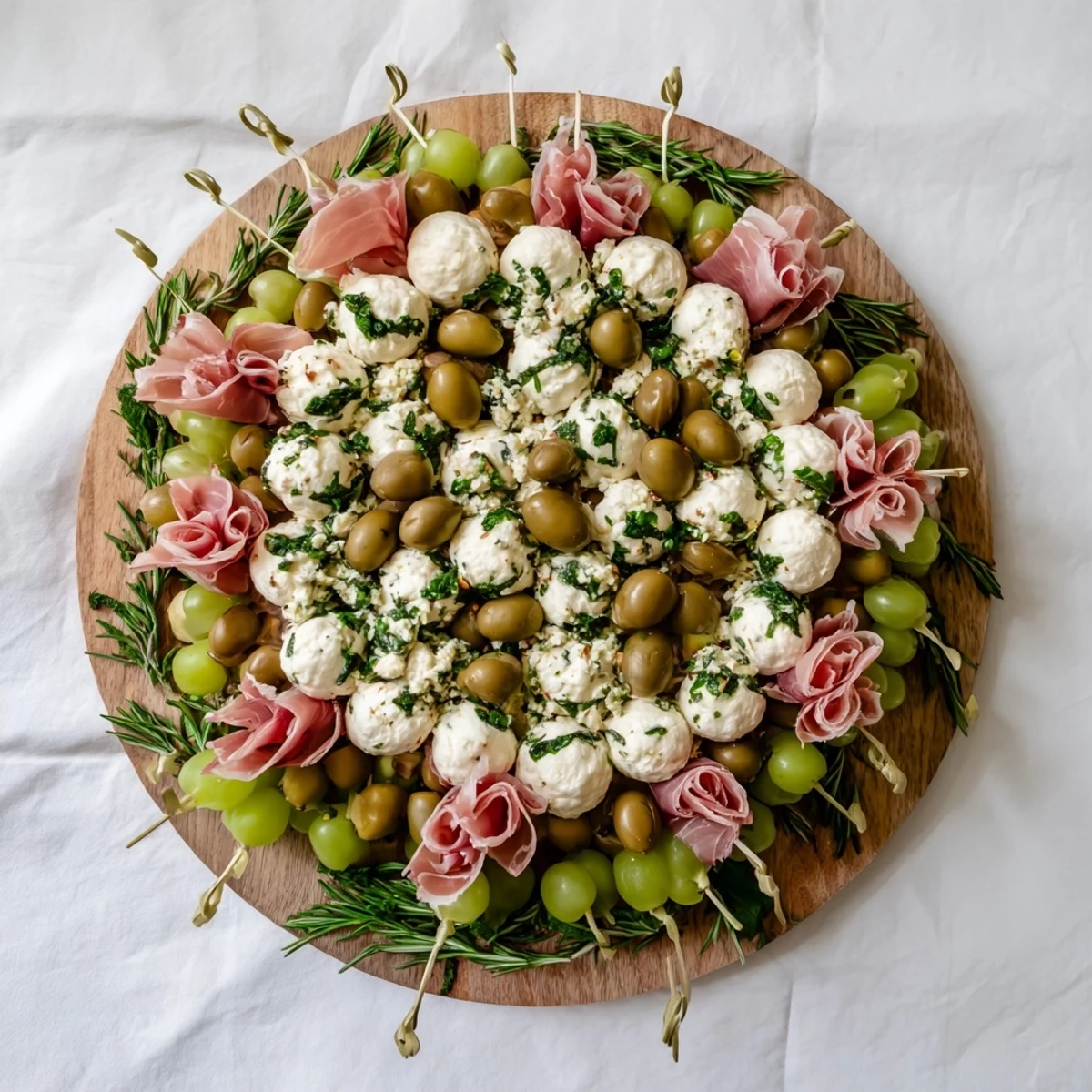 Fresh herbs and glistening grapes adorn a delicious homemade Mistletoe Kissing Ball, ready to serve.
