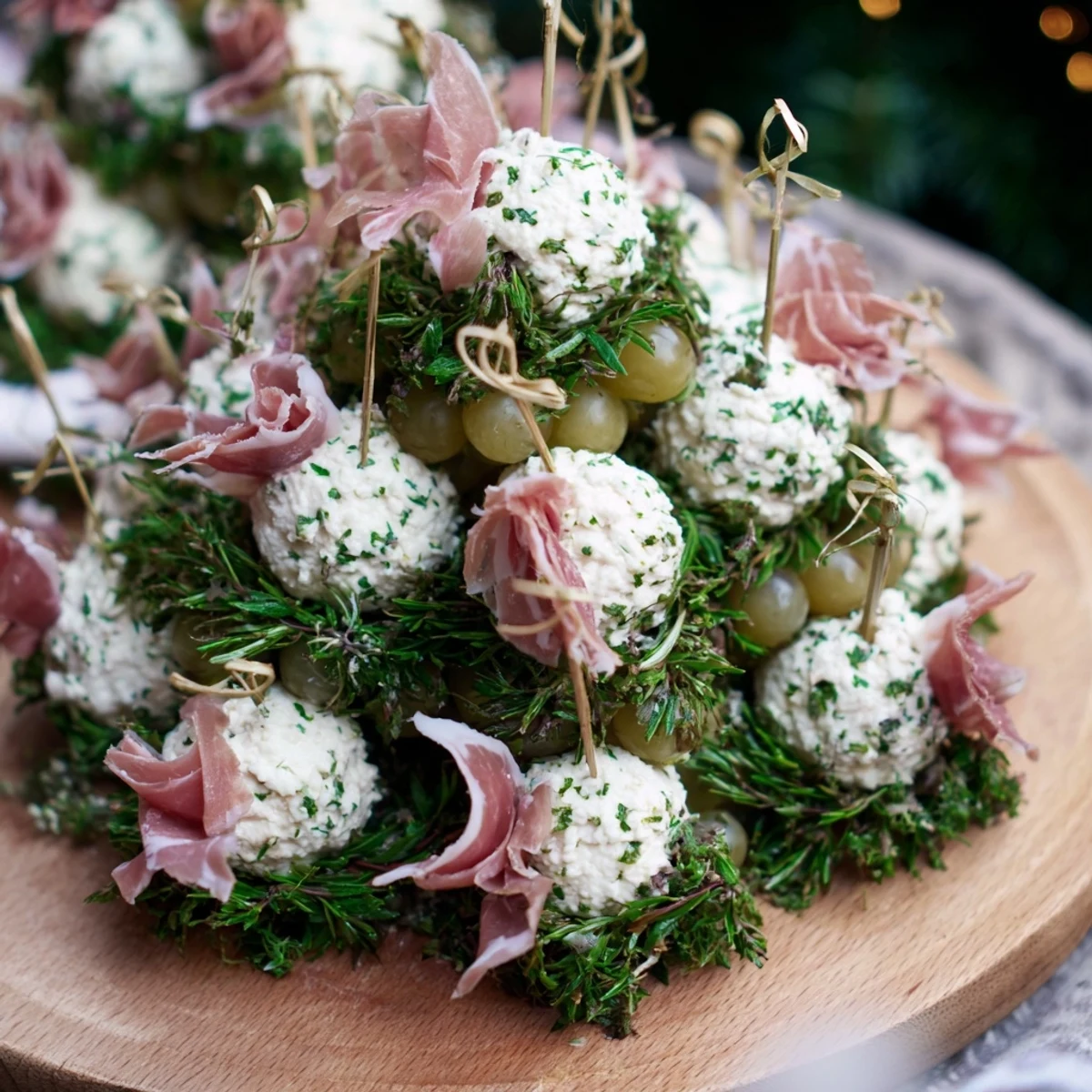 Festive Mistletoe Kissing Ball appetizer, featuring creamy cheese, juicy grapes, and savory prosciutto.
