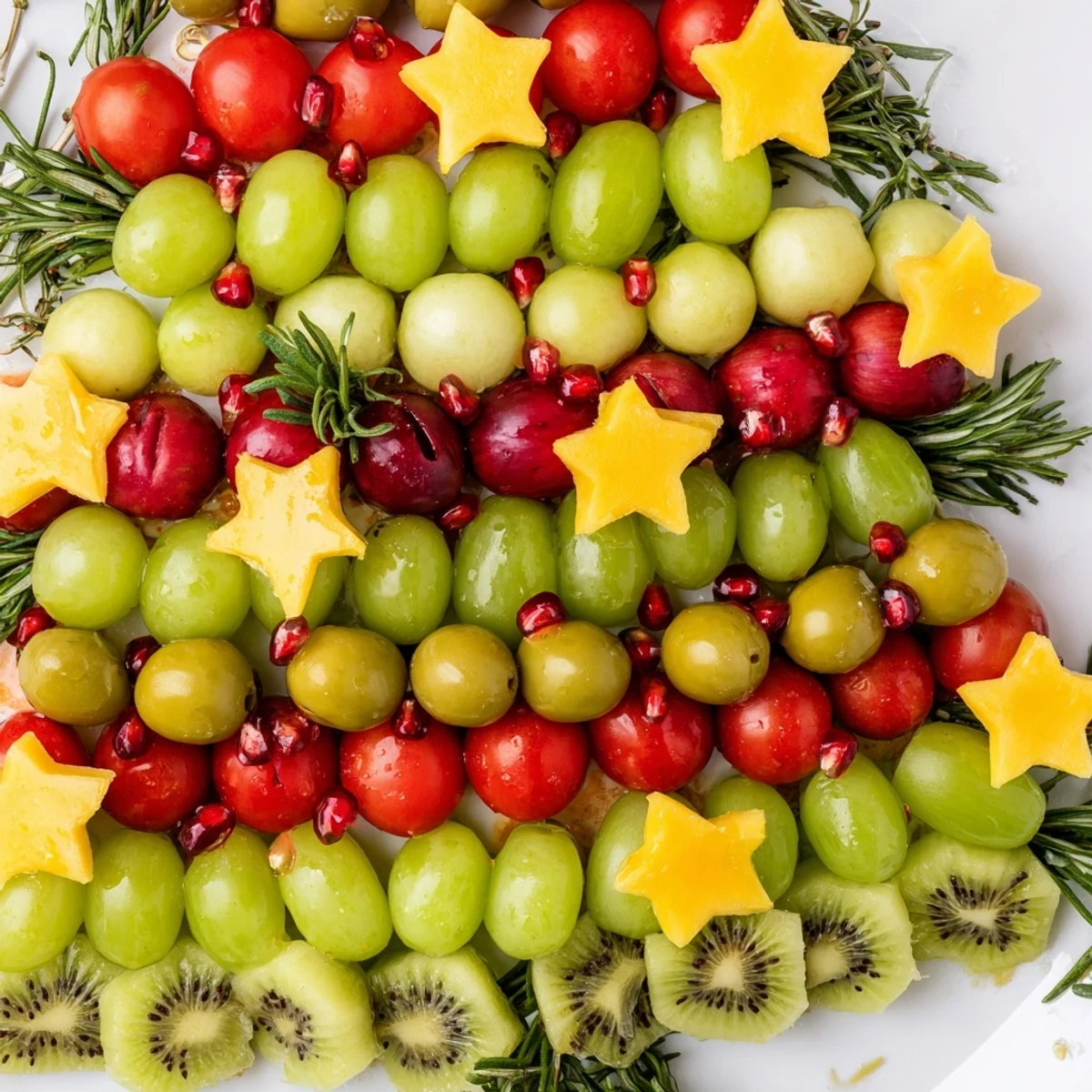 Christmas Tree Triangle Board filled with fresh fruit, olives, and mozzarella, perfect holiday appetizer.