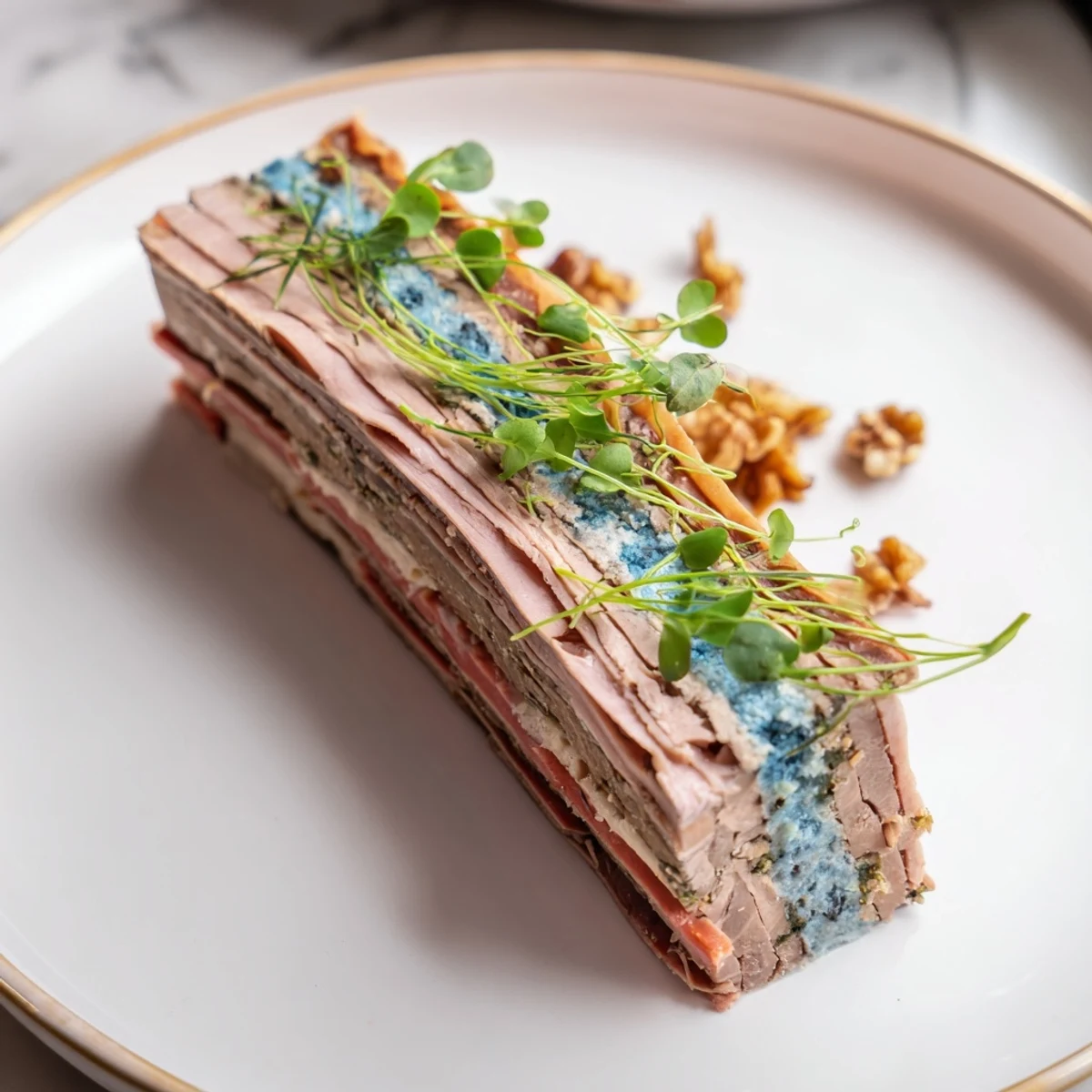Vivid photo of The Grand Canyon Rim meat terrine showing layered meats and blue cheese river.