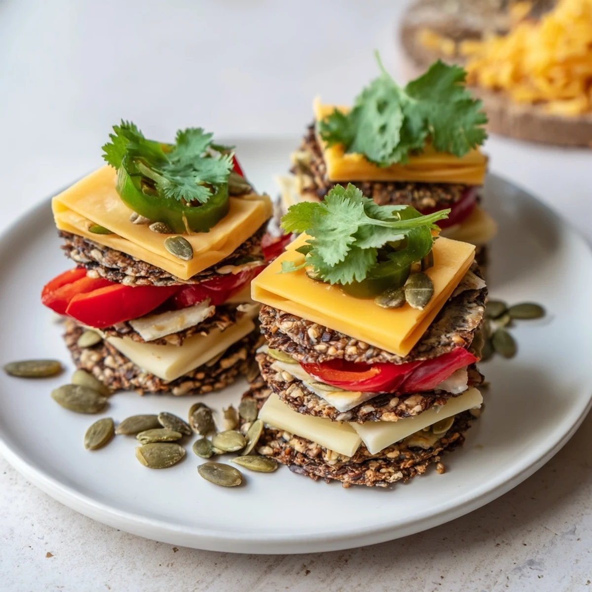 The Southwest Mesa: Stacked crackers and cheeses create a delicious appetizer, garnished with fresh cilantro.