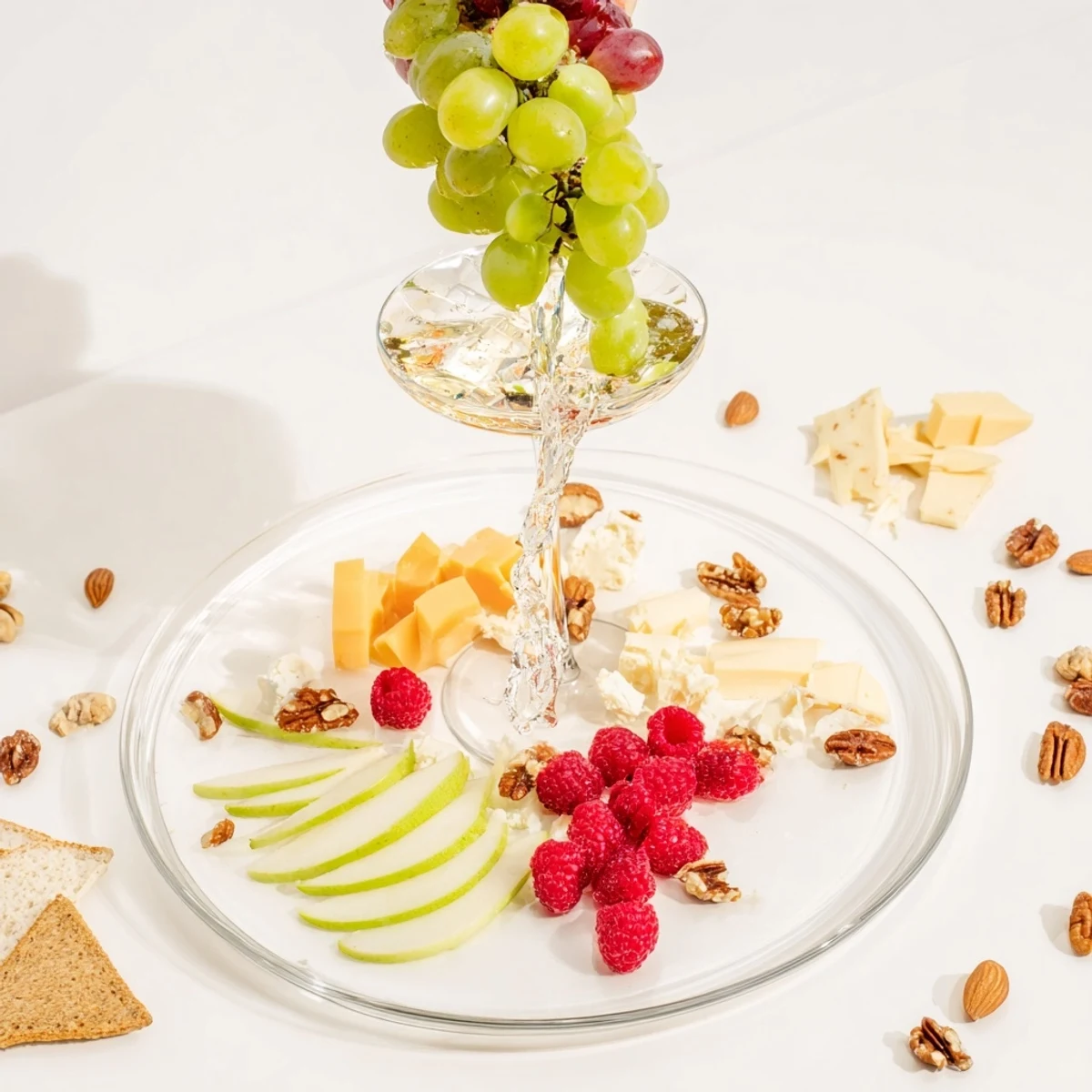 Champagne Waterfall Board overflowing with red grapes, cheese, and crackers, perfect for a party.
