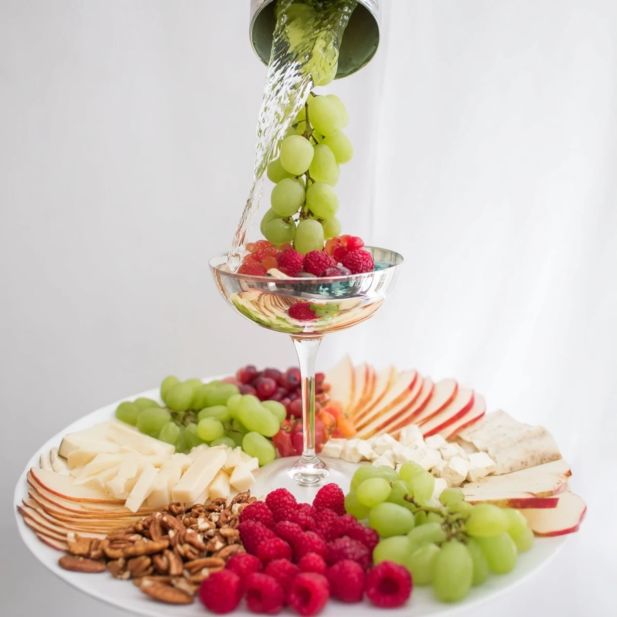 See the elegant Champagne Waterfall Board spilling ingredients; a stunning appetizer for any celebration.