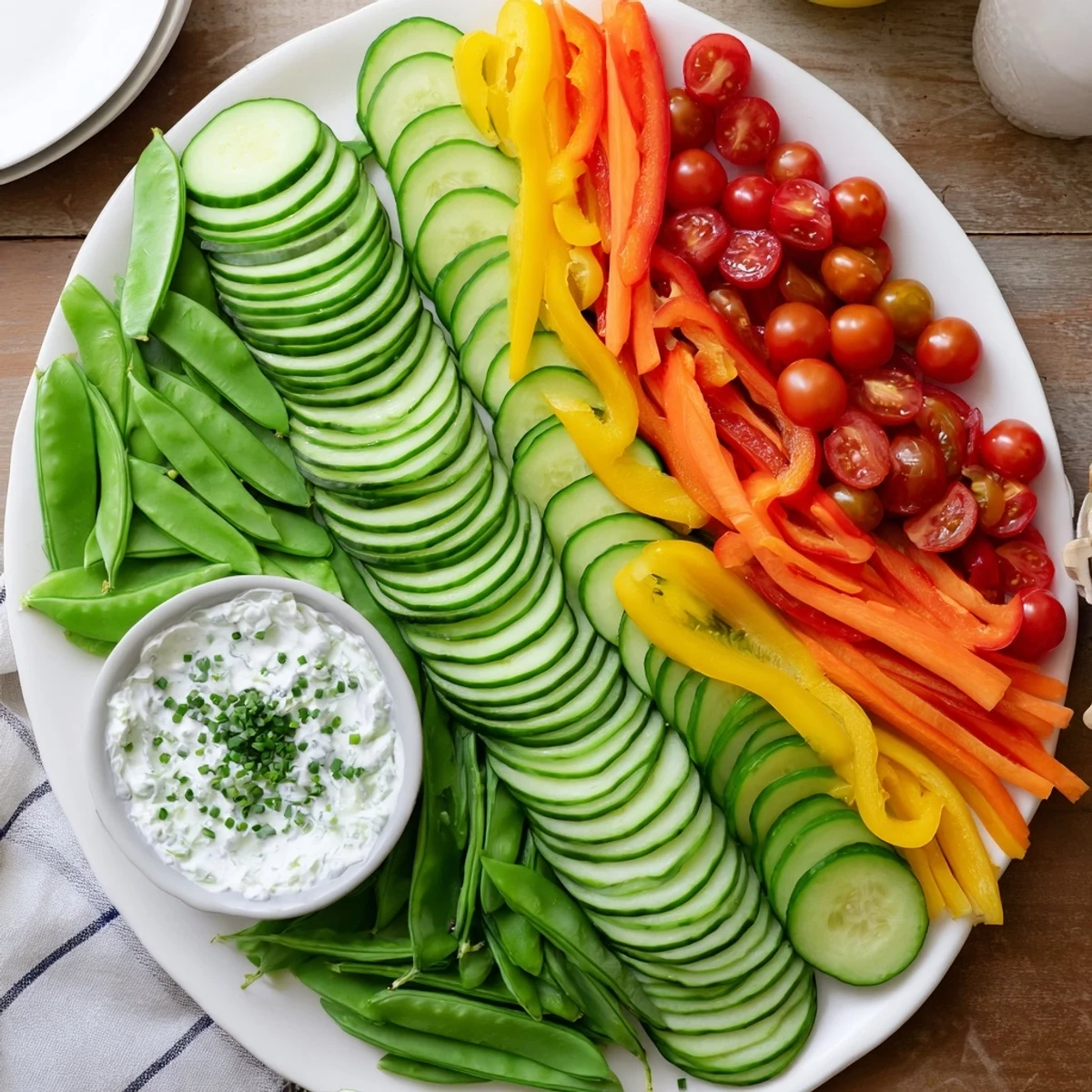 Freshly arranged Veggie Platter featuring cucumbers, carrots, peppers, and a Greek yogurt dip for dipping.
