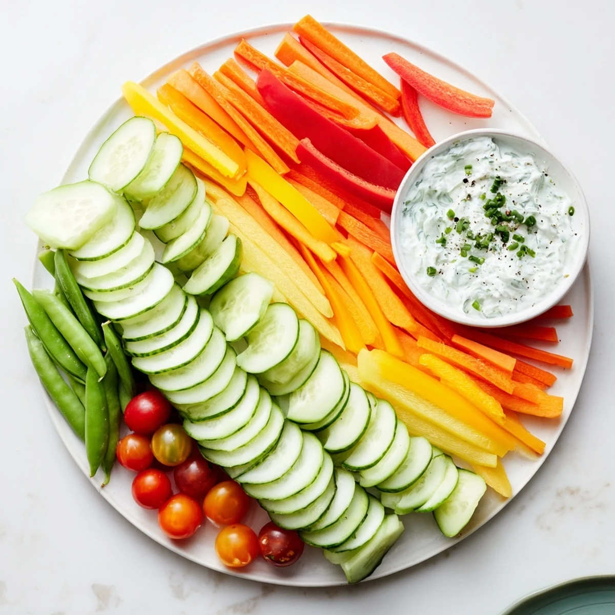 A colorful Veggie Platter with fan-shaped cucumbers and carrots, plus creamy herb dip!