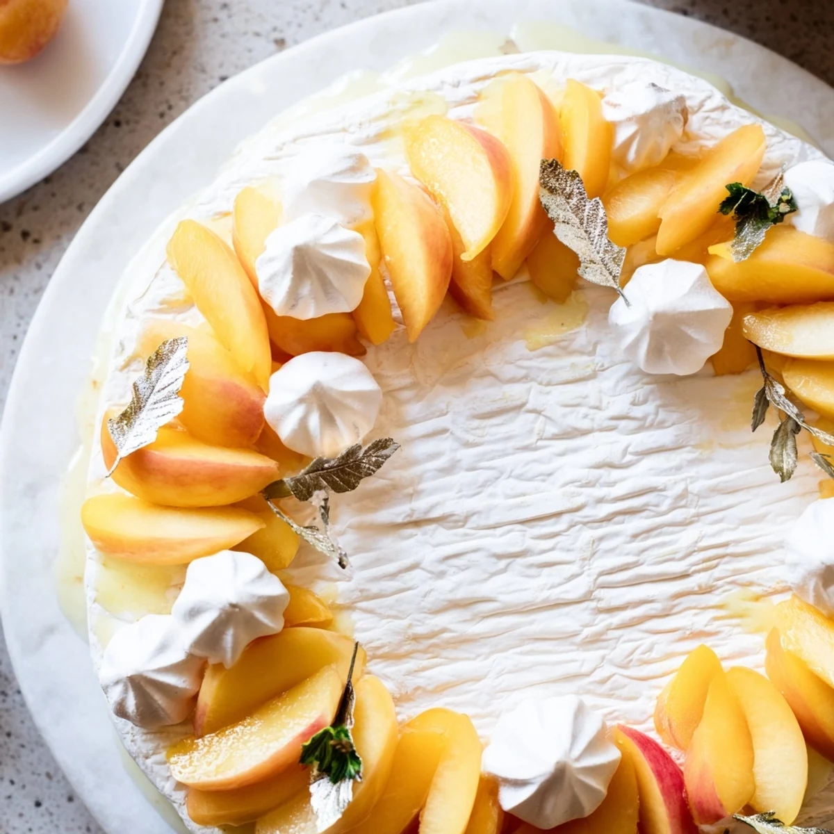 The Pearly Gates cheese board features creamy brie, slices of peach, and delicate meringue kisses.