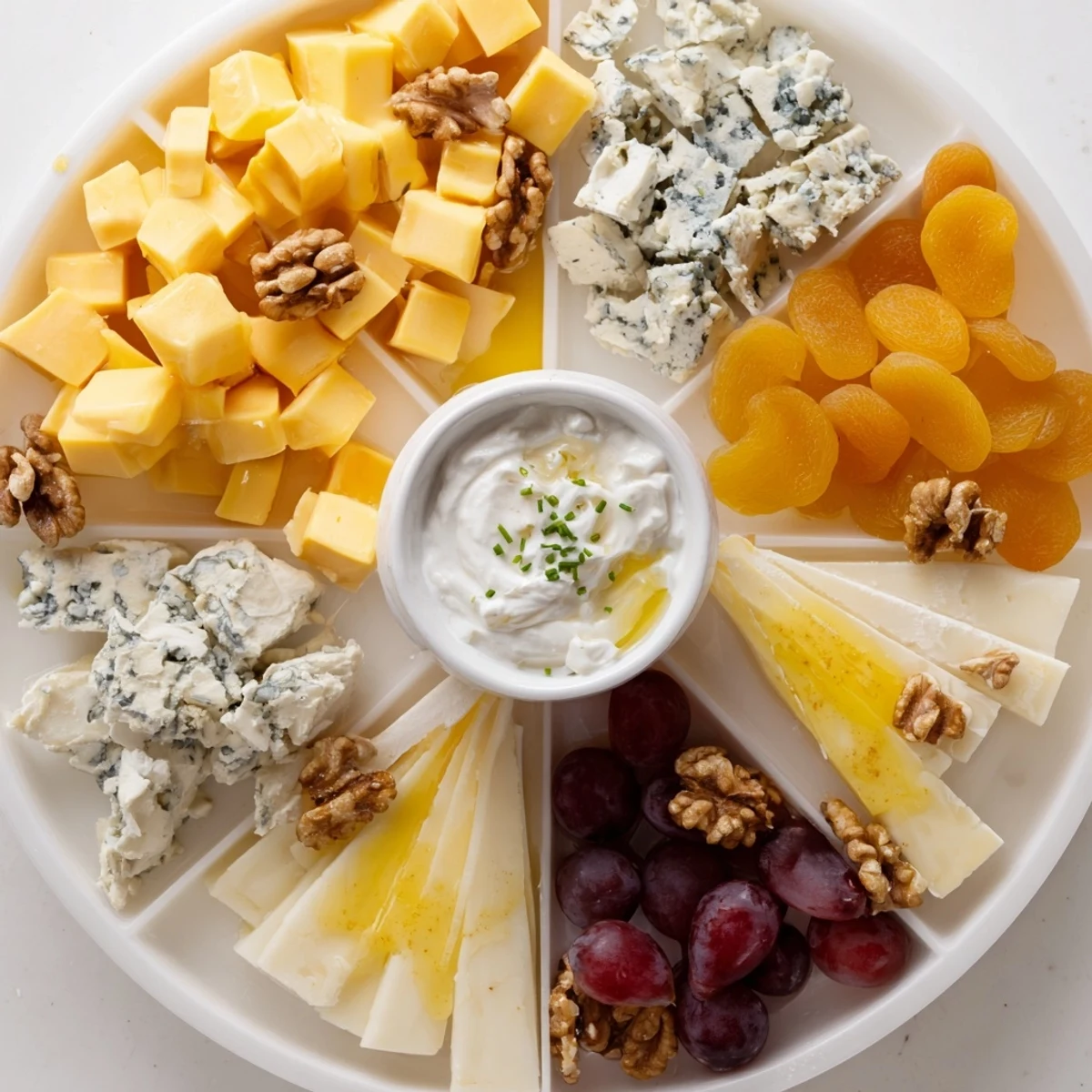 Enjoy the visually stunning Celtic Cross Cheese Platter with its creamy cheeses and a central yogurt dip.