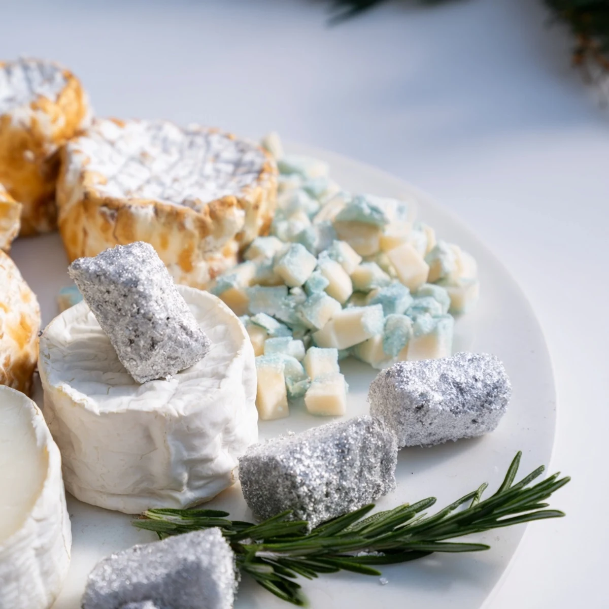 Winter Wonderland Platter: a beautifully arranged appetizer board with cheeses, nuts, and crackers, ready to enjoy.