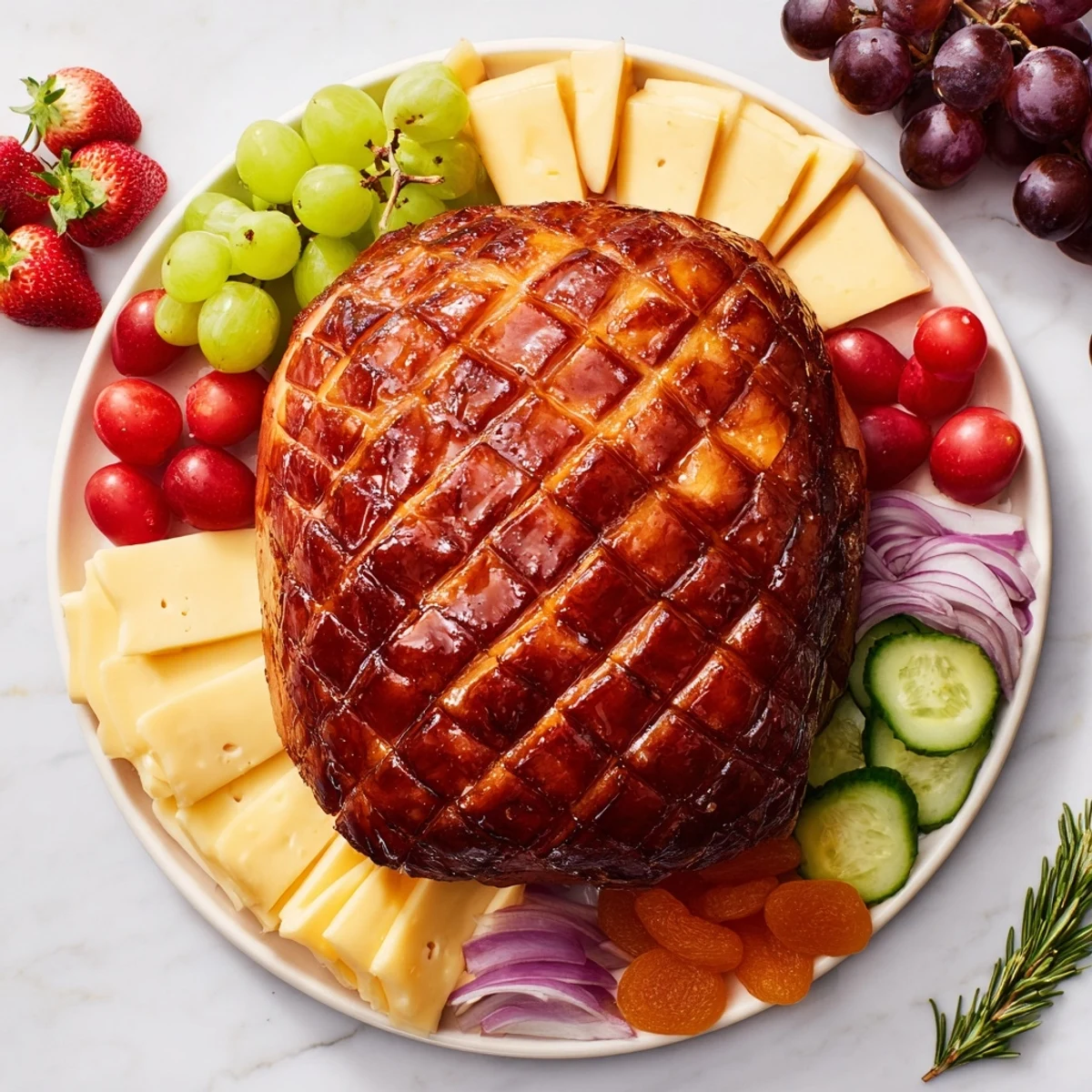 Sweet and sticky glazed ham centerpiece board, overflowing with fruits, cheeses, and irresistible accompaniments for sharing.