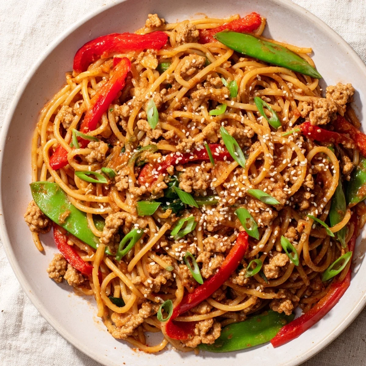 Steaming Sesame Hoisin Ground Chicken Pasta, a flavorful dish with tender chicken and colorful vegetables.