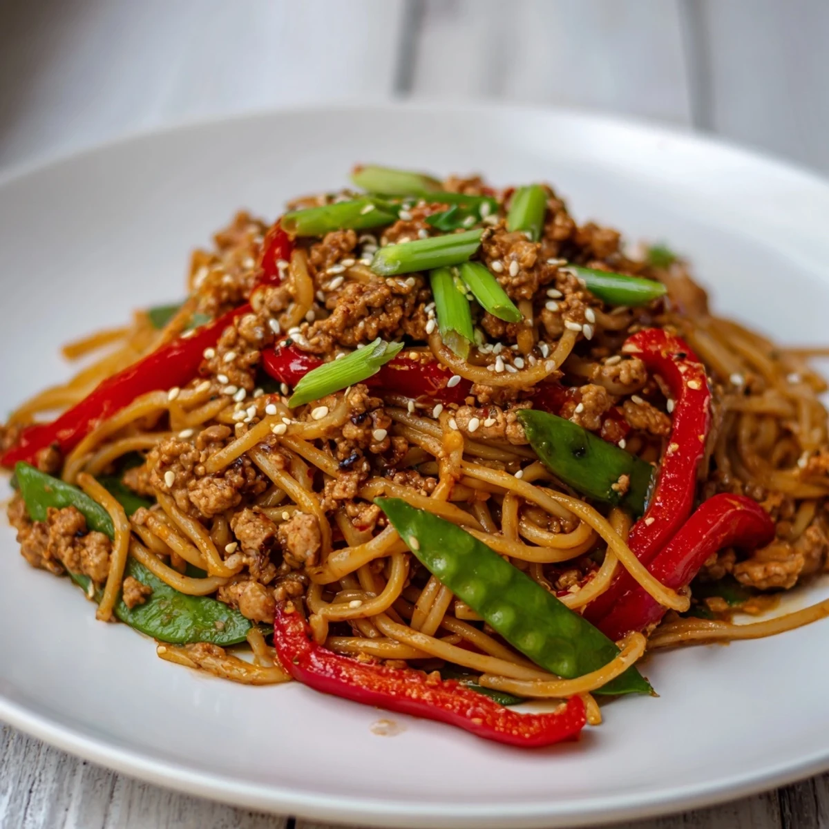 Deliciously saucy Sesame Hoisin Ground Chicken Pasta features perfectly cooked linguine mingling with savory chicken.