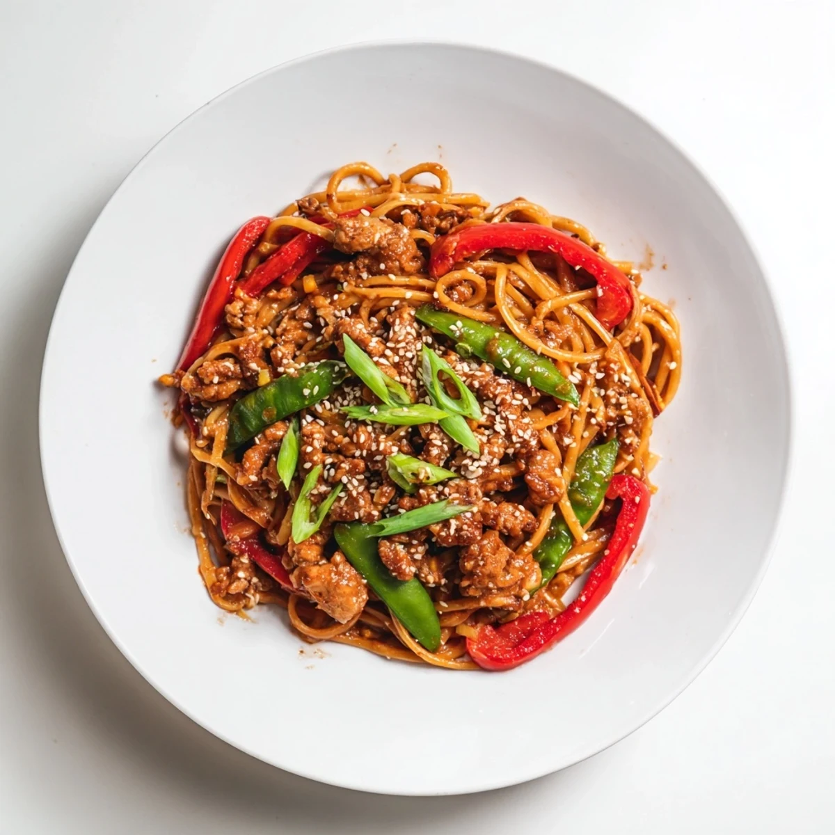 A close-up view of the savory Sesame Hoisin Ground Chicken Pasta before you, garnished with sesame seeds.