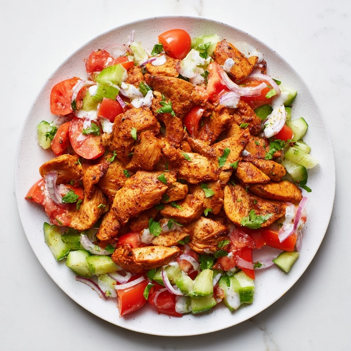 Juicy, spiced chicken shawarma salad glistening with creamy tahini dressing, ready to enjoy.