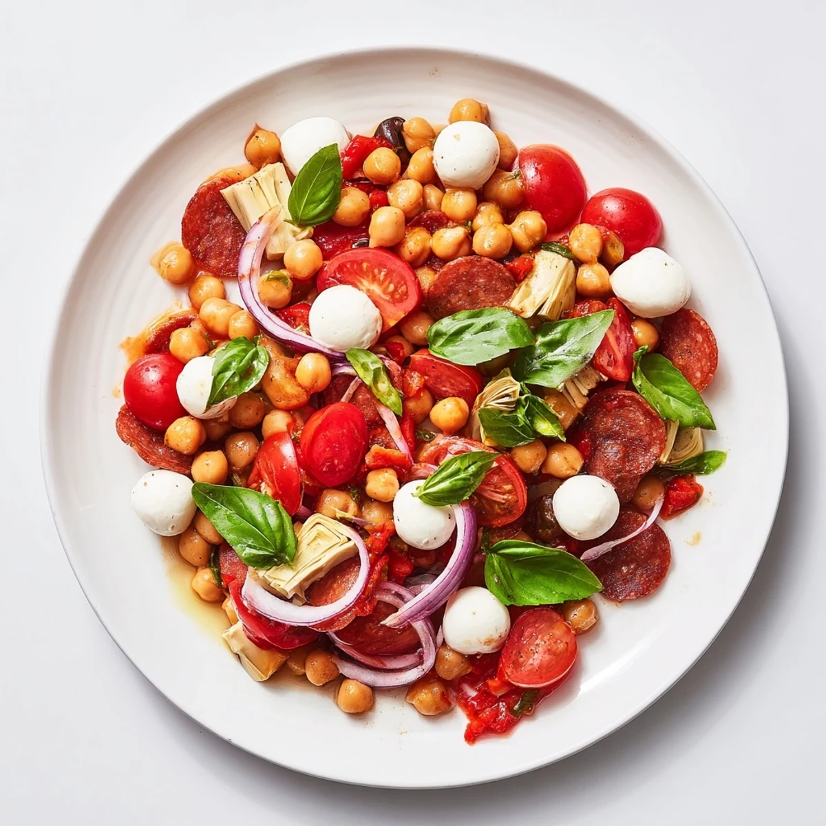 Vibrant Antipasto Chickpea Salad overflowing with colorful veggies, mozzarella, and a tangy Italian dressing.