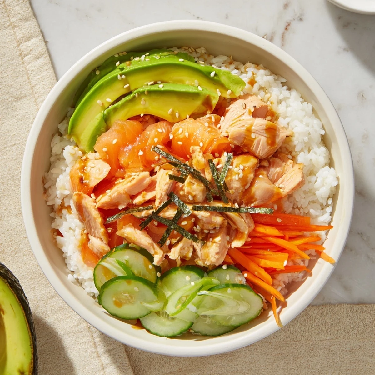 A delicious Japanese-Style Salmon & Chicken Rice Bowl featuring tender chicken, salmon, and creamy avocado, ready to serve.