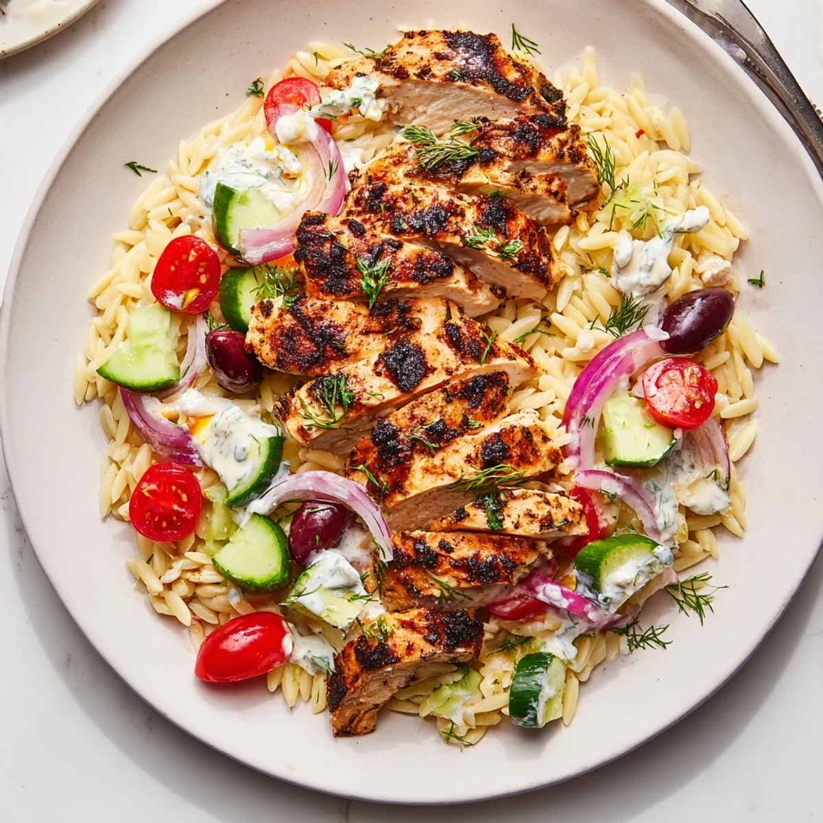 Picture the Greek Chicken Gyro Pasta Bowls with tender chicken over flavorful orzo and feta drizzle.