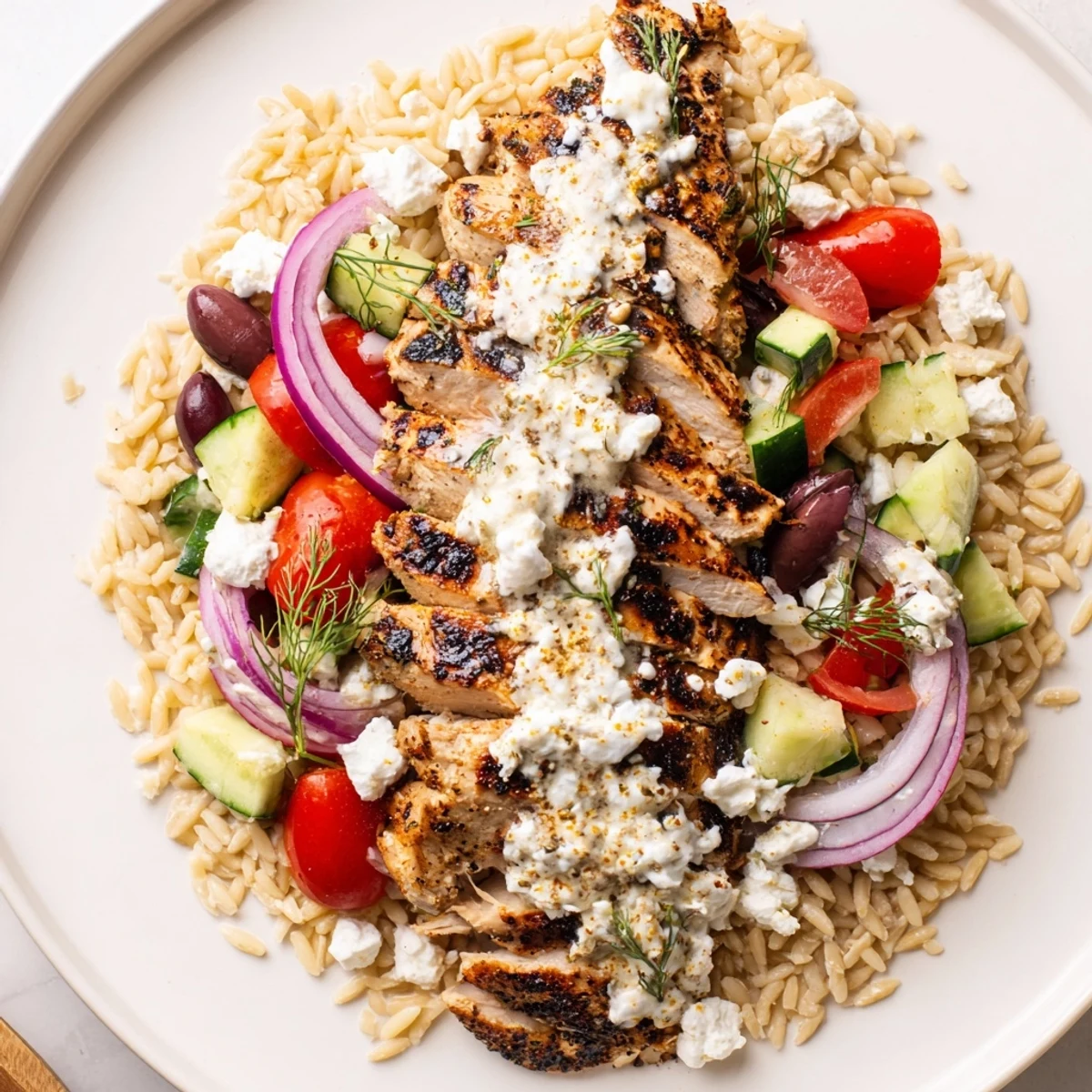 A close-up shot of Greek Chicken Gyro Pasta Bowls, brimming with vibrant colors and drizzled with creamy sauce.