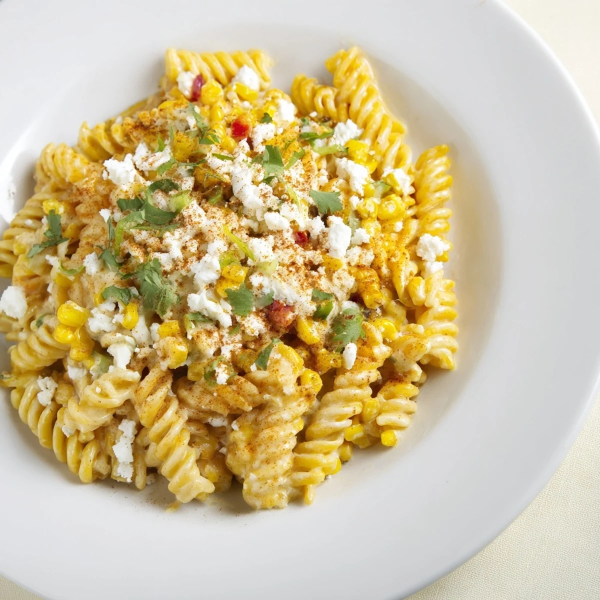 Bright, flavorful one-pot Mexican street corn pasta, ready to serve with fresh cilantro garnish.