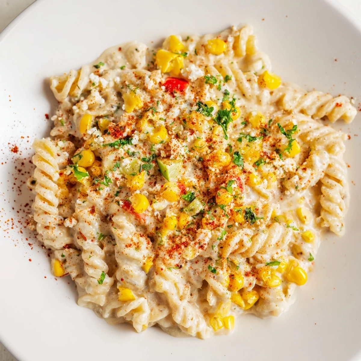 Creamy one-pot Mexican street corn pasta, featuring vibrant corn and crumbled cotija cheese.