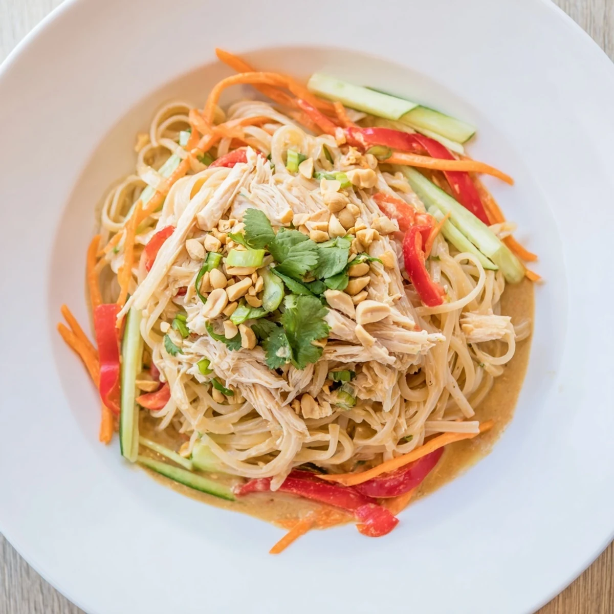 Creamy Thai-Inspired Peanut Chicken Pasta, showing colorful veggies & tender chicken tossed in dressing.