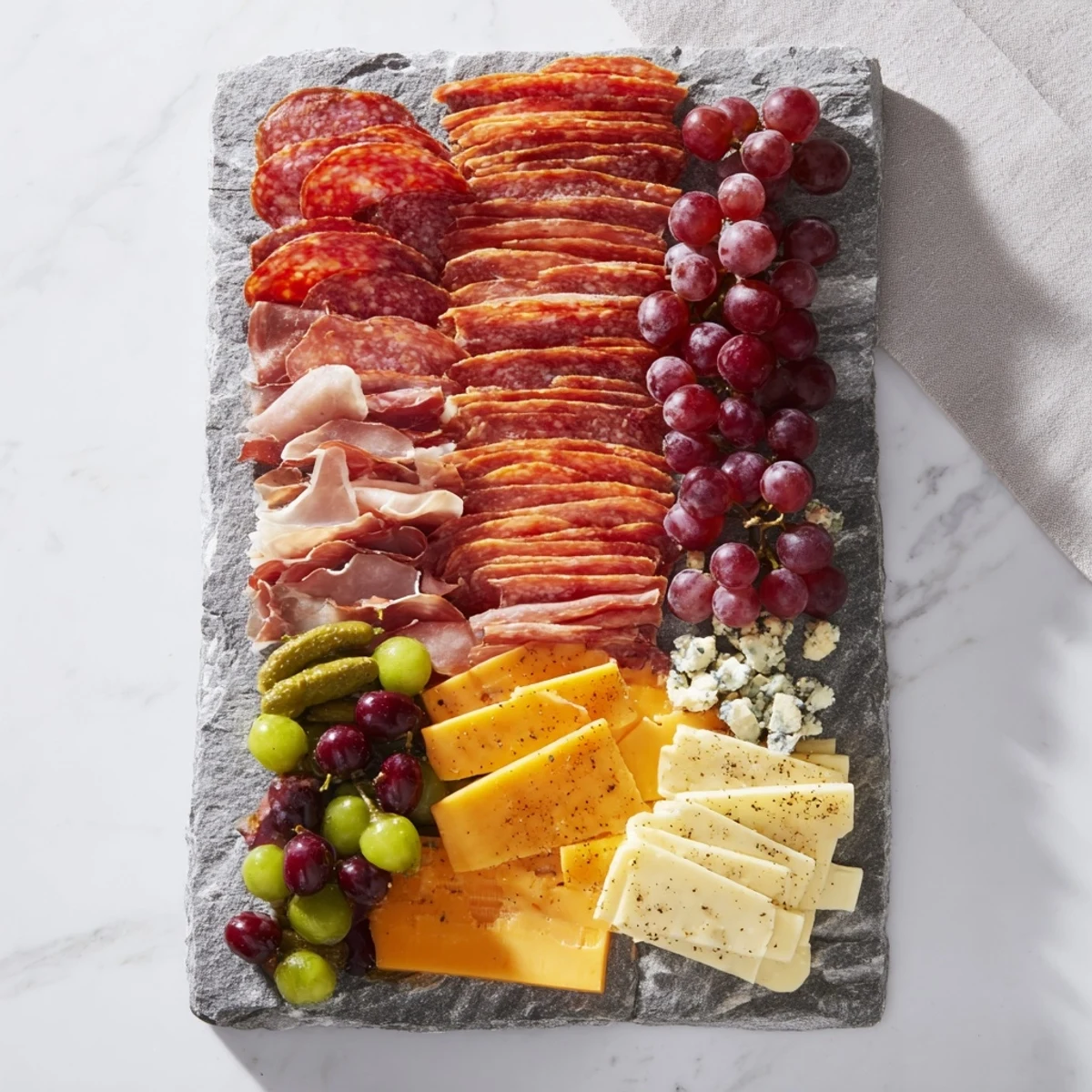 A modern charcuterie platter: The Industrial Slate recipe, with artfully arranged meats and cheeses.