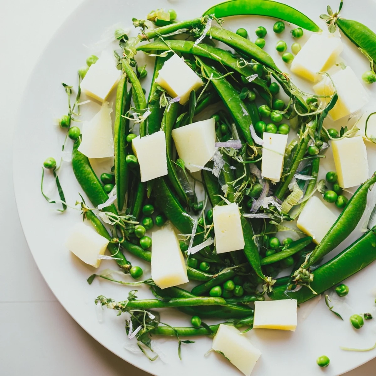 Fresh and inviting The English Ivy salad, vibrant green snap peas and beans with cheddar.