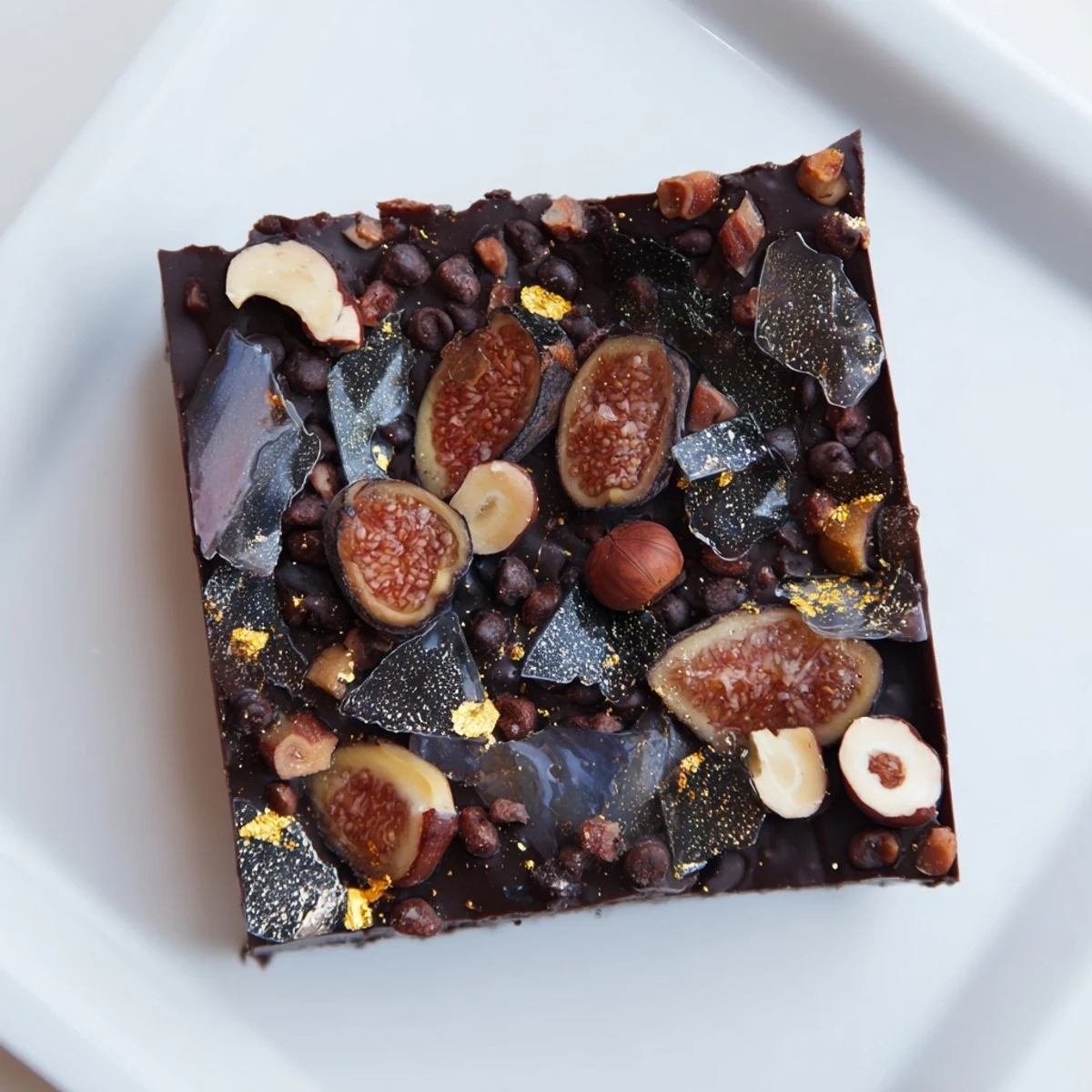 Close-up of the Midnight Mosaic dessert showing the beautiful mosaic of figs, olives, and chocolate.