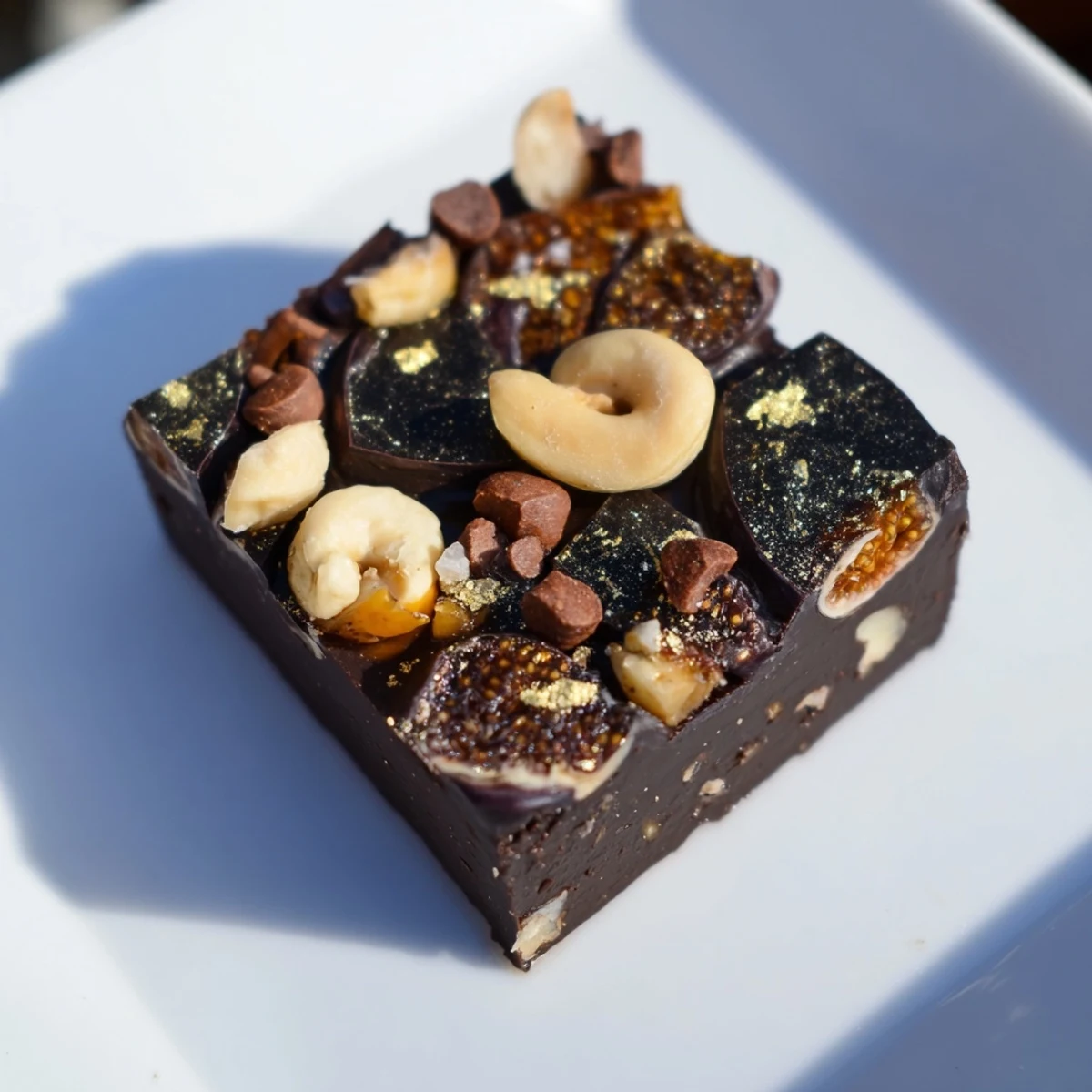 Decadent Midnight Mosaic dessert featuring dark chocolate and figs, ready to be sliced and served.