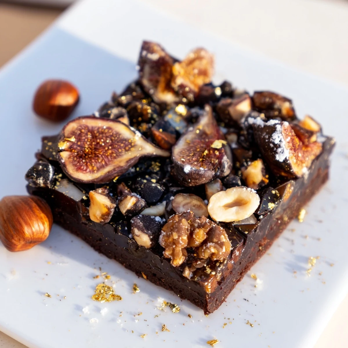 A beautiful square of Midnight Mosaic dessert, with a rich chocolate base and layered toppings.