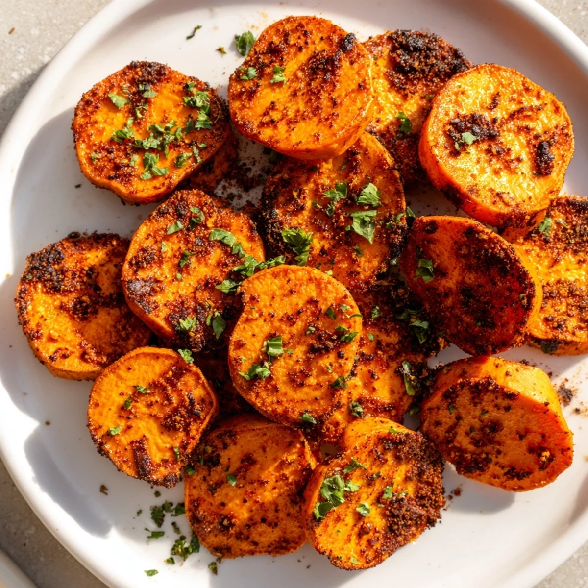 Golden-brown, crispy Cajun Roasted Sweet Potatoes, offering flavorful bites, perfect for vegan dinner sides.