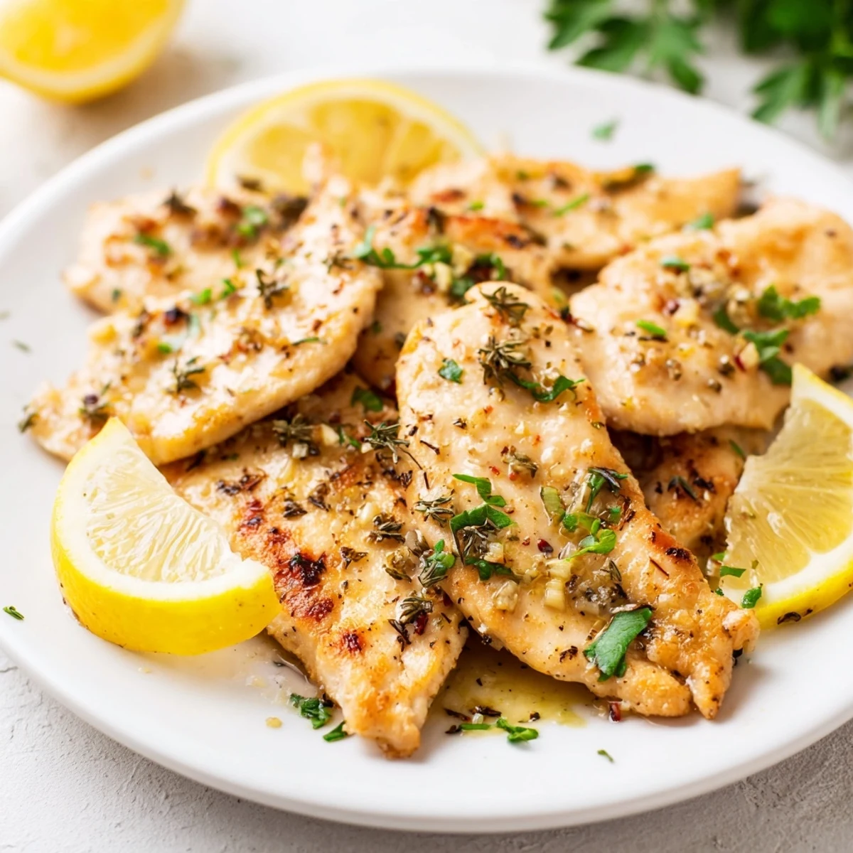 Golden-brown Greek Lemon Herb Chicken, ready to serve with fresh lemon wedges and savory herbs.