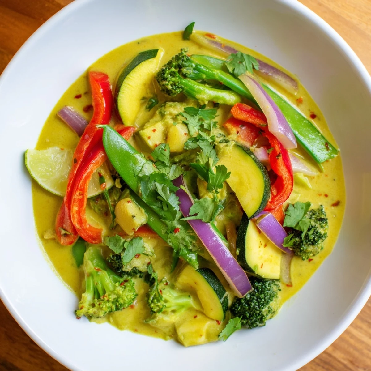 A steaming bowl of coconut curry vegetables, a flavorful vegan Indian-inspired dinner.