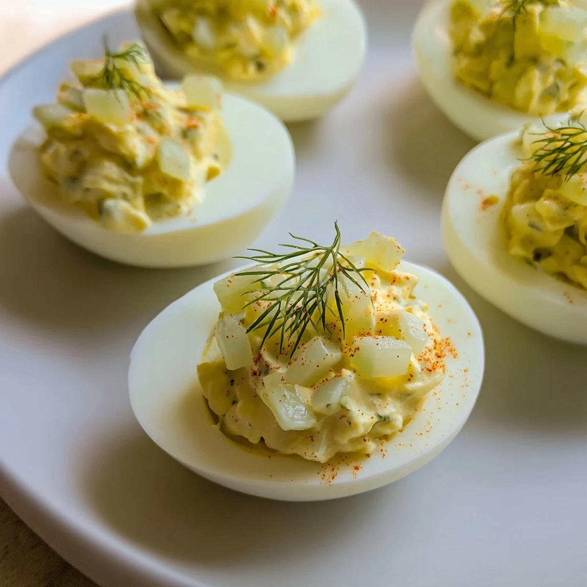 Creamy Dill Pickle Deviled Eggs garnished with fresh dill, ready to eat at a picnic.