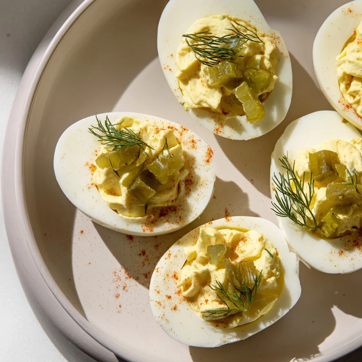 Close-up of savory Dill Pickle Deviled Eggs, perfect for your next party appetizer.