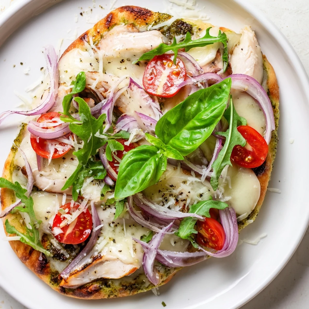 Golden-brown Pesto Chicken Flatbread with melted mozzarella and juicy cherry tomatoes.