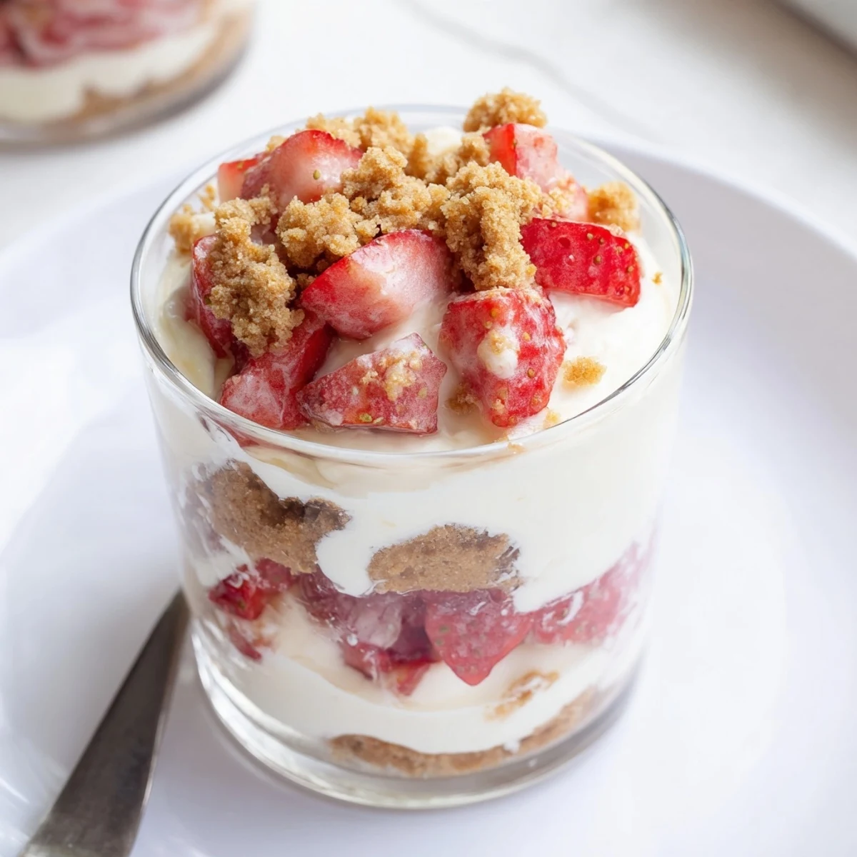 A close-up of a delightful Strawberry Cheesecake Parfait, perfectly layered with crunchy crumbs and juicy berries.