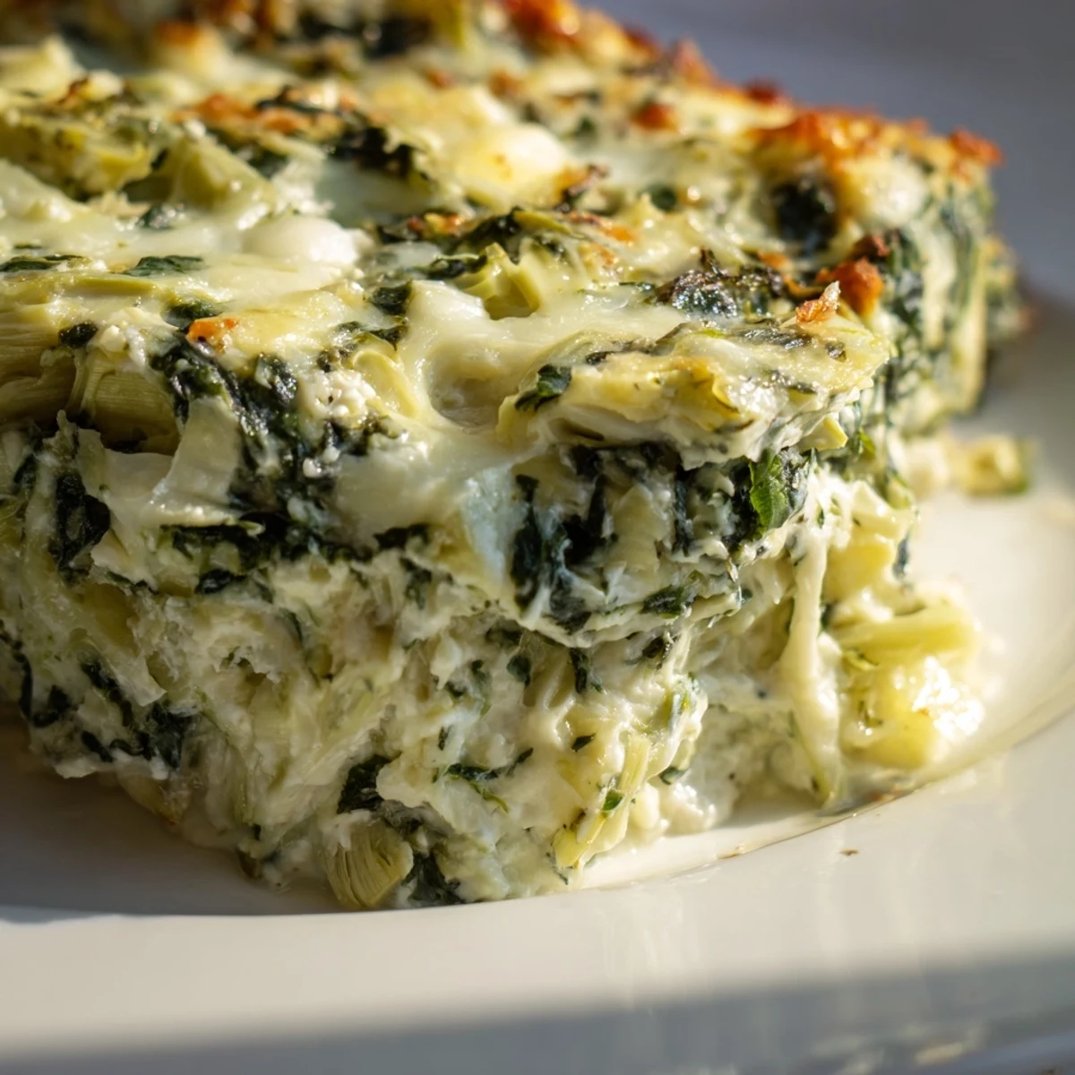 A bubbling, golden-brown Cheesy Spinach Artichoke Dip, perfect for dipping tortilla chips.