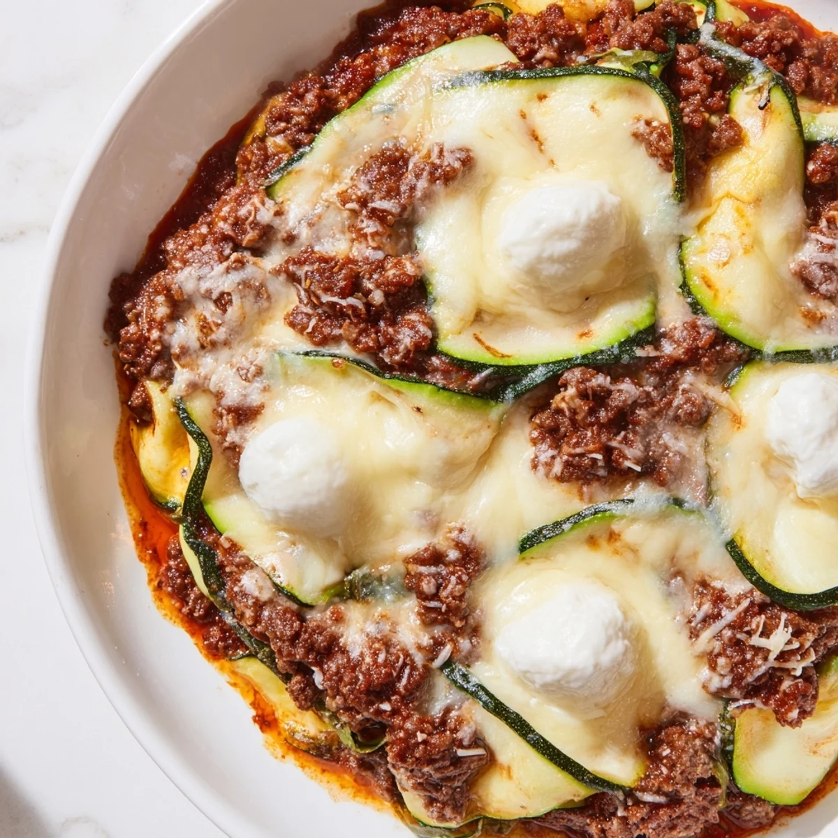 Steaming hot zucchini lasagna skillet, layers of cheese beautifully melted over savory ground beef.