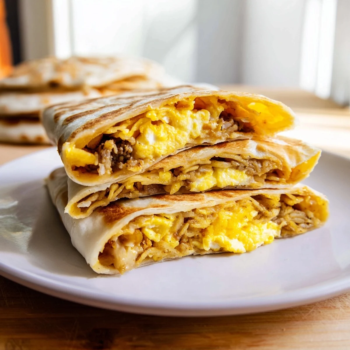 Golden, crispy Breakfast Crunchwrap hack, layered with eggs, cheese, and hash browns, ready to eat.