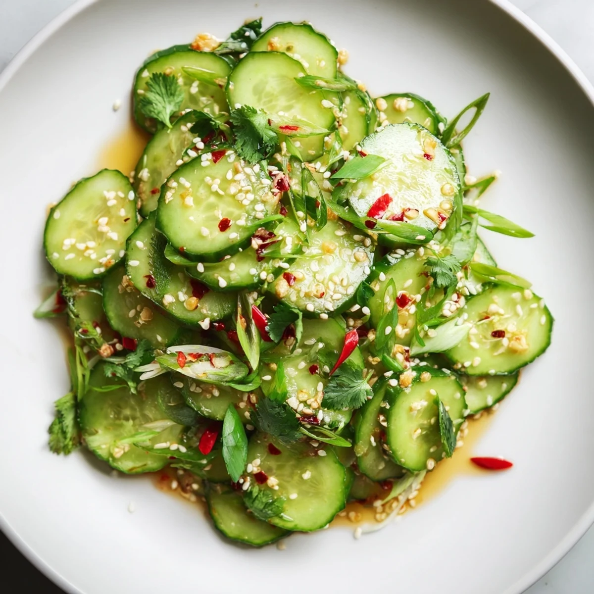 Zesty Shake Cucumber Salad with glistening cucumbers tossed in a vibrant, spicy sesame dressing.