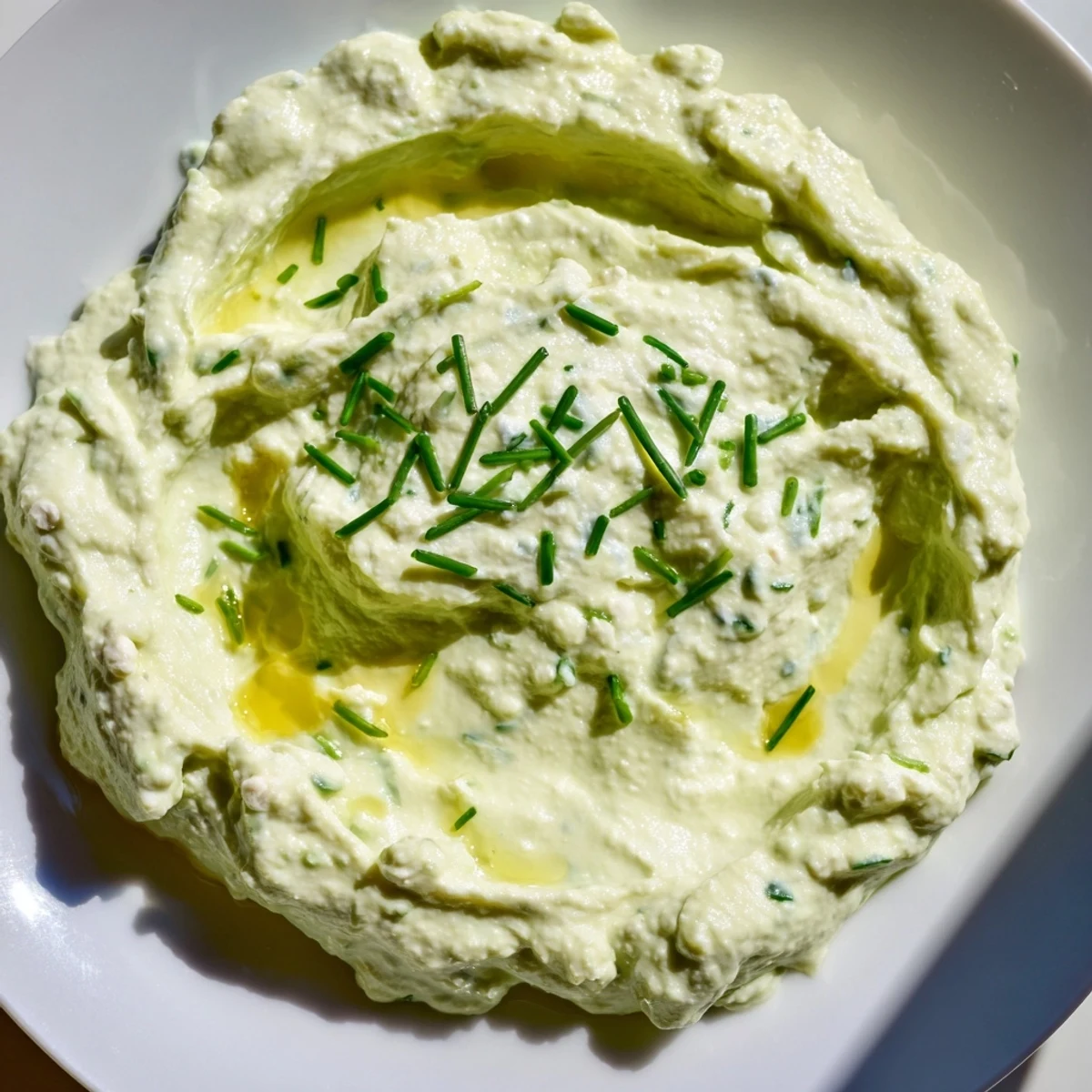 Close-up of freshly blended Avocado Cottage Cheese Dip, an easy appetizer perfect for gatherings.