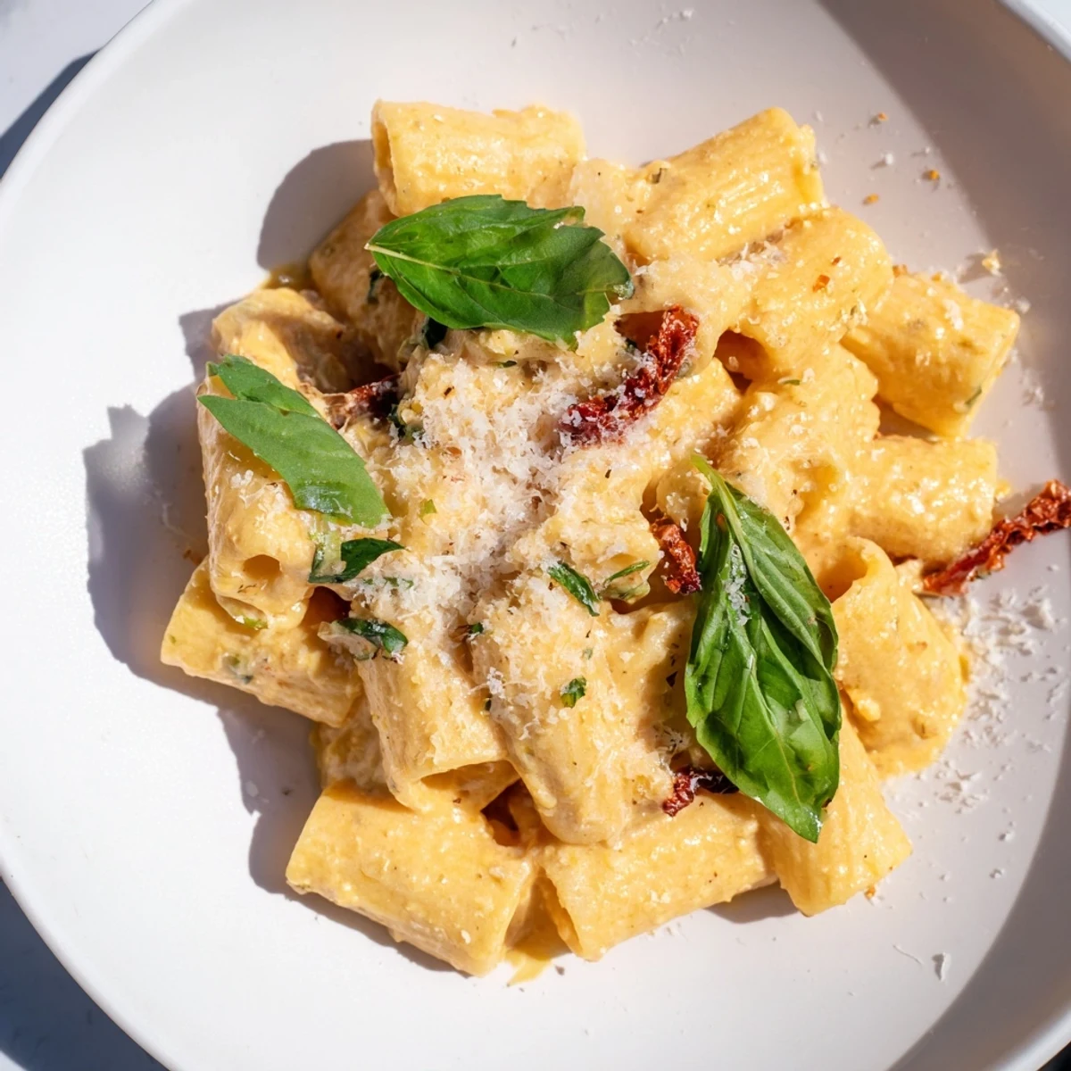 Creamy Sun-Dried Tomato Pasta, plated and ready, featuring rich sauce with fresh basil garnish.